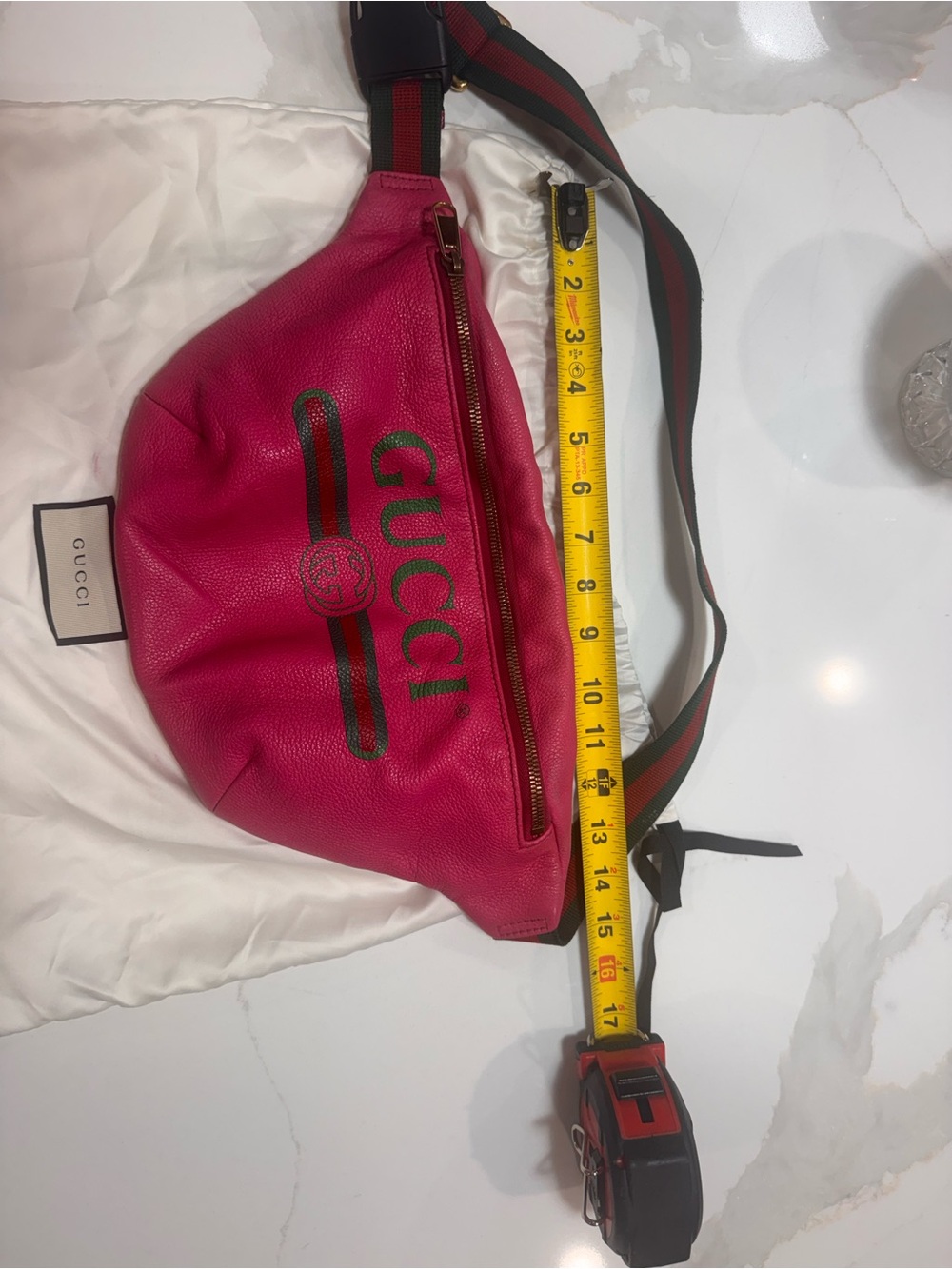 Gucci Hot Pink Leather Logo Belt Bag with Green-Red Stripe size large.